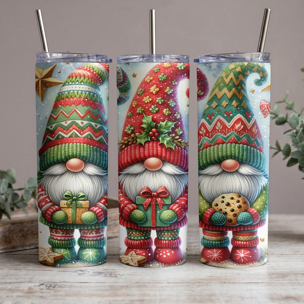 Three Christmas gnomes hold gifts and a cookie, wearing festive hats and sweaters.