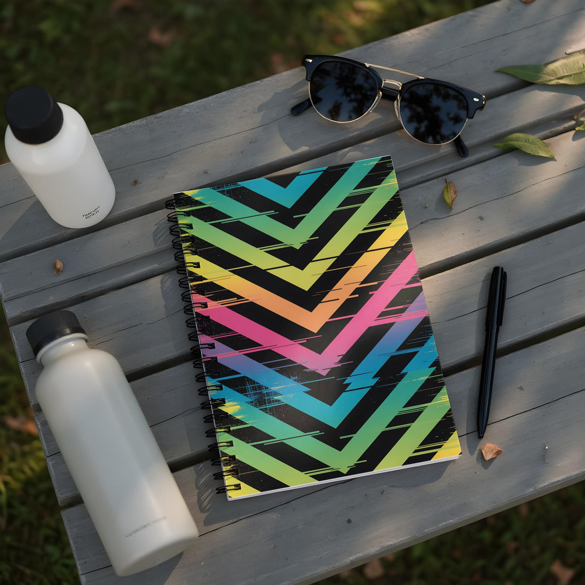 Spiral notebook with rainbow chevron pattern next to water bottles and sunglasses.