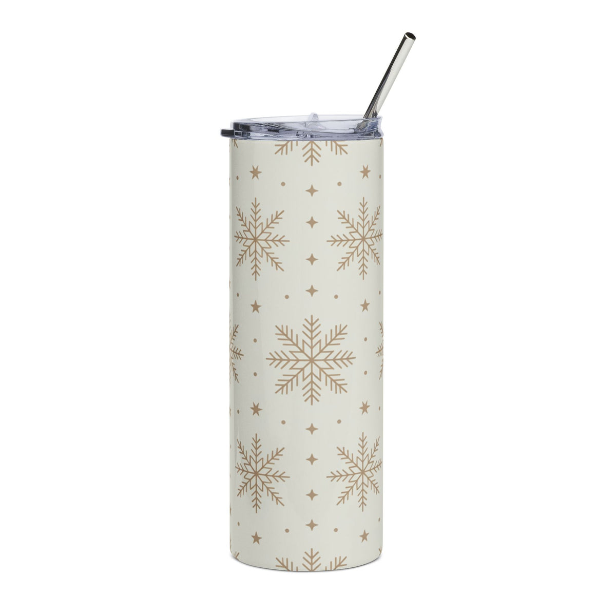 Cream tumbler with gold snowflake pattern and silver straw.