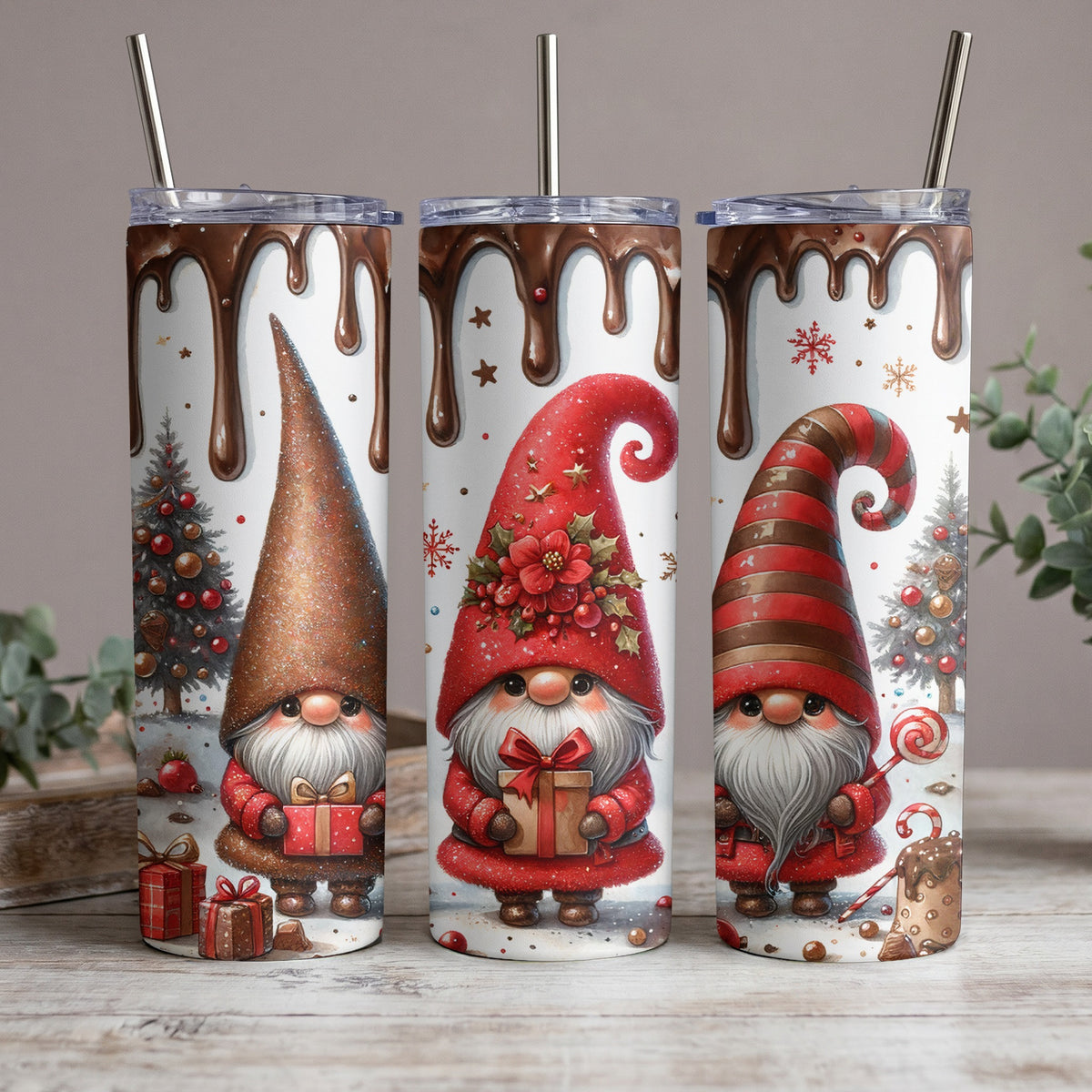 Three gnomes on a white tumbler with dripping chocolate and Christmas designs.