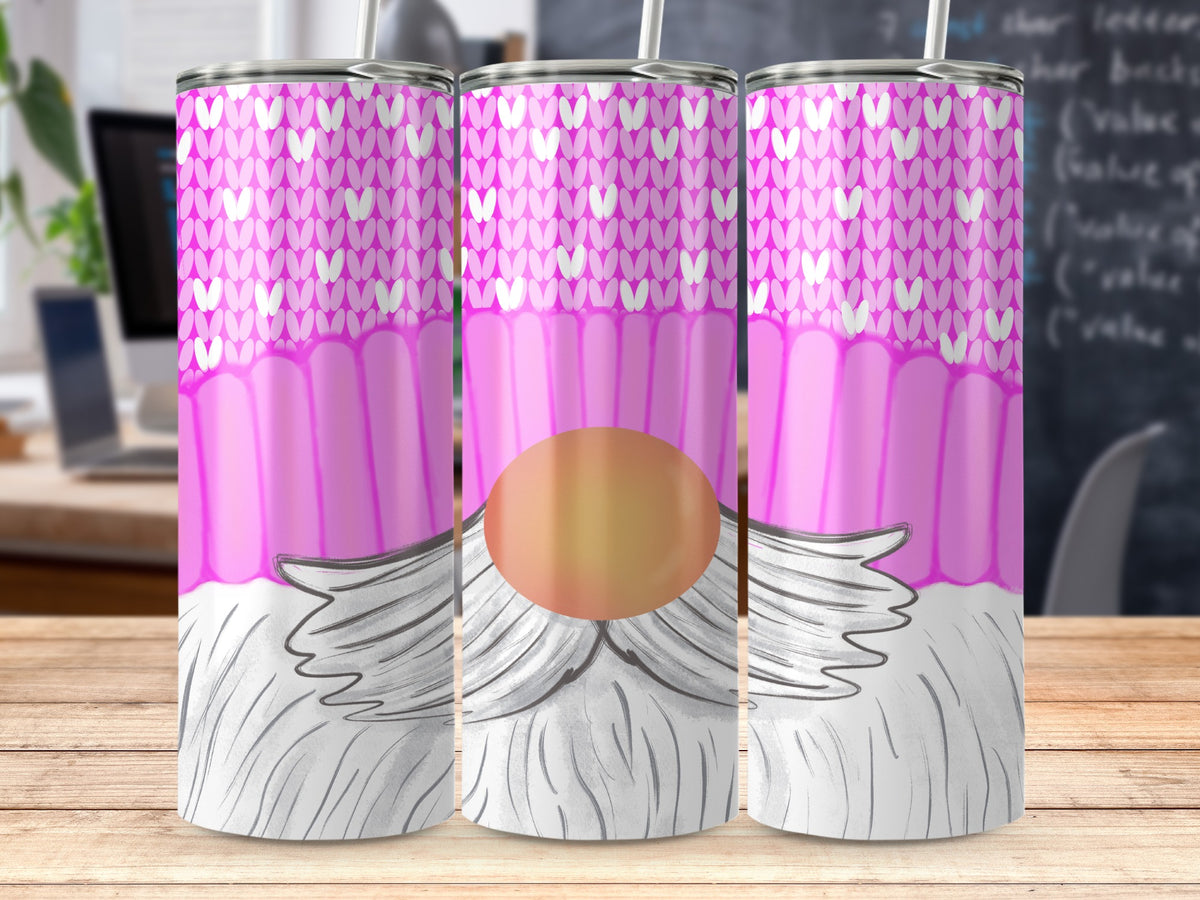 Three tumblers with a gnome design featuring pink knit pattern and white beard.