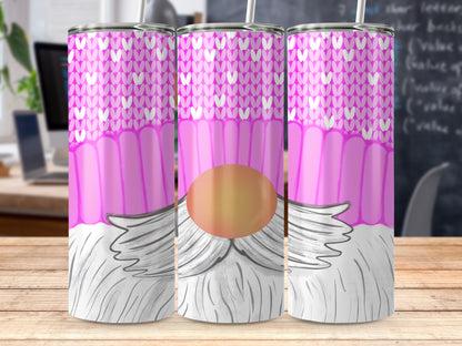 Three tumblers with a gnome design featuring pink knit pattern and white beard.