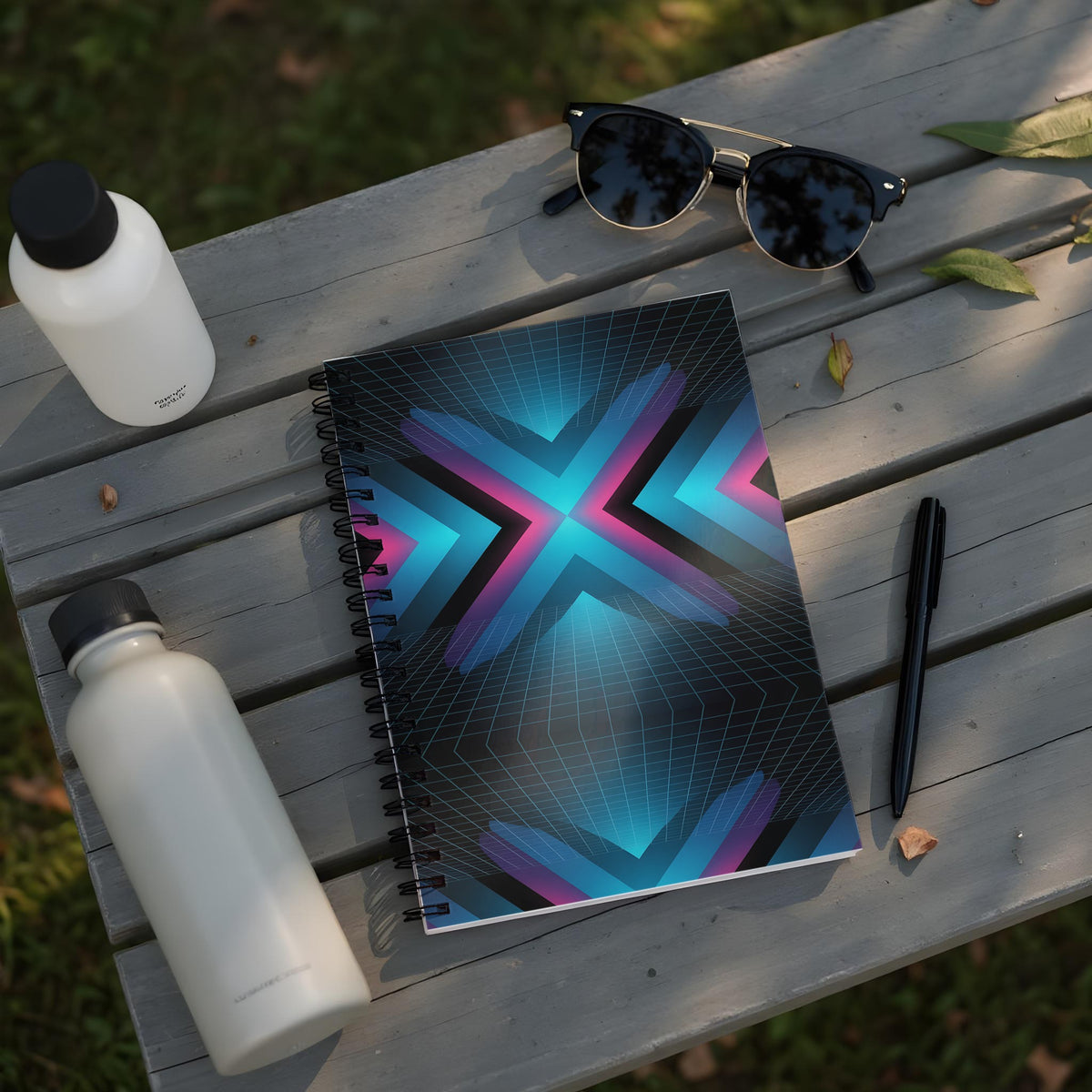 Spiral notebook with a neon grid and geometric design on a wooden surface.