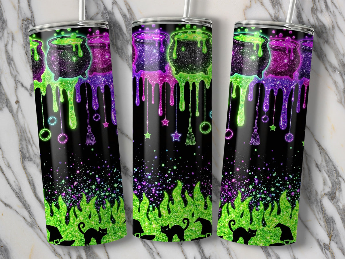 Three tumblers with Halloween glitter design featuring cauldrons, cats, and witch hats.