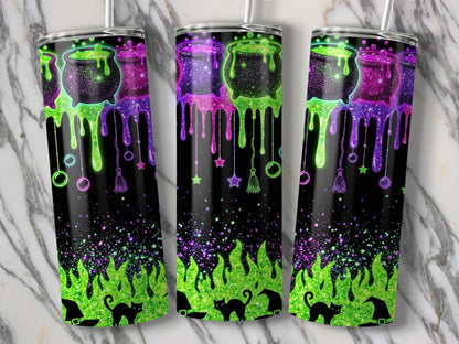 Three tumblers with Halloween glitter design featuring cauldrons, cats, and witch hats.