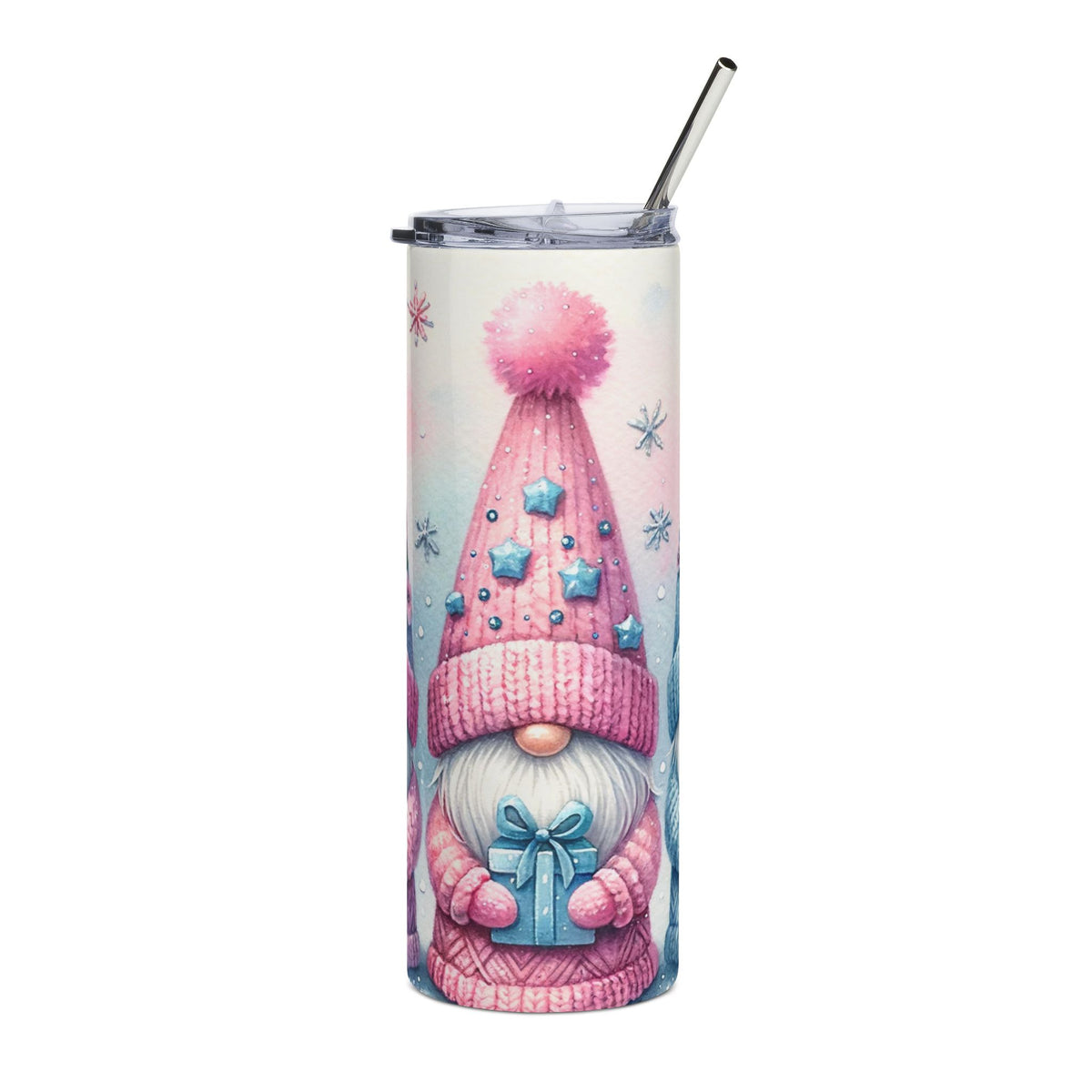 Tall tumbler with a gnome wearing a pink knitted hat holding a blue gift.