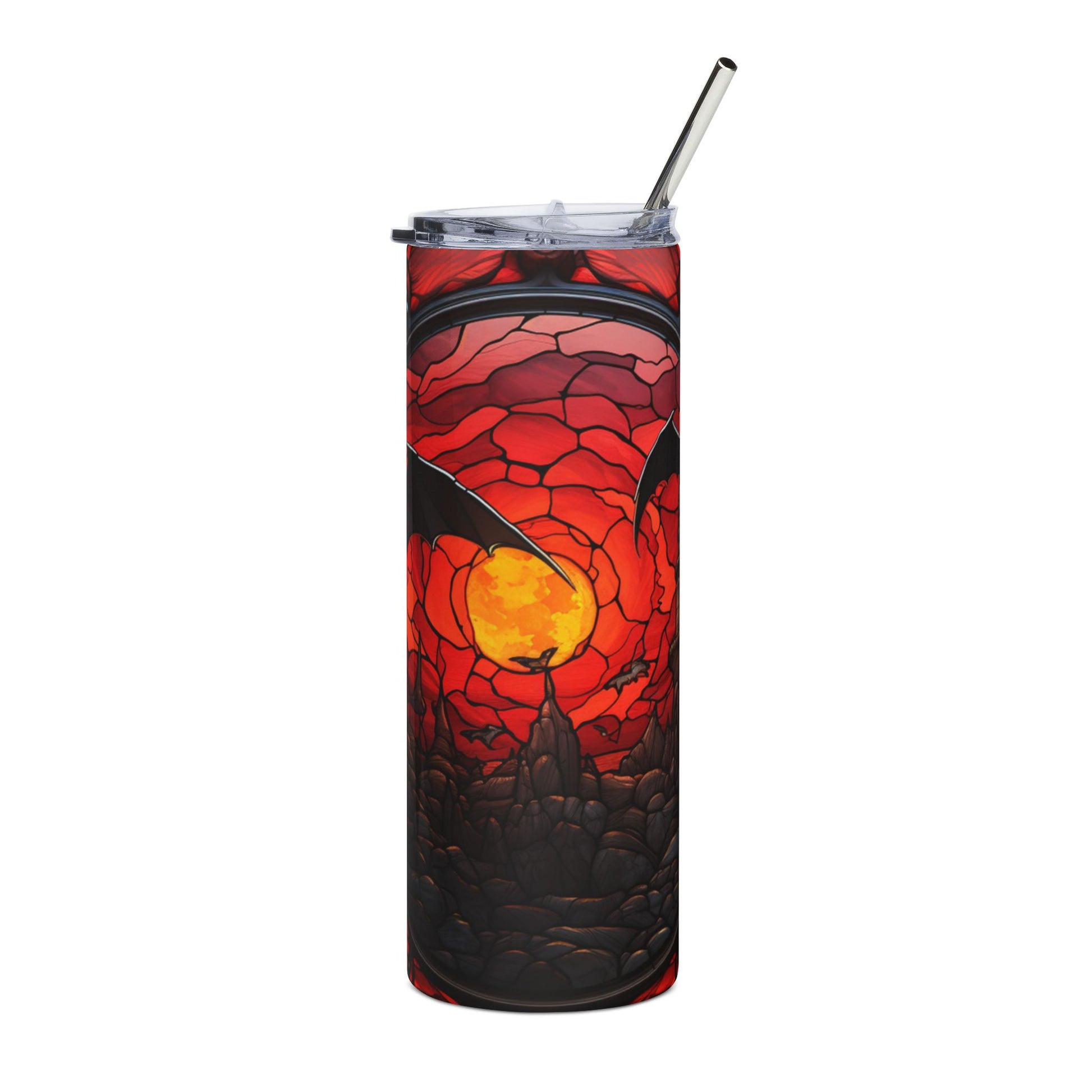 Tumbler with stained glass design of dragons and a castle at sunset.