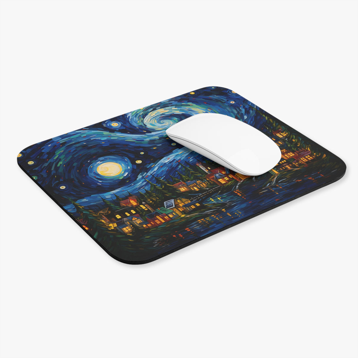 Mousepad with a Van Gogh-inspired swirling night sky and village scene.