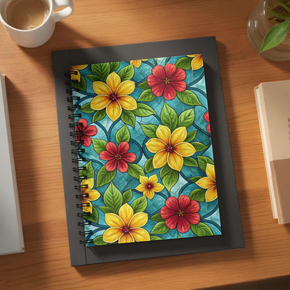 Notebook with a vibrant floral pattern featuring yellow and red hibiscus flowers.