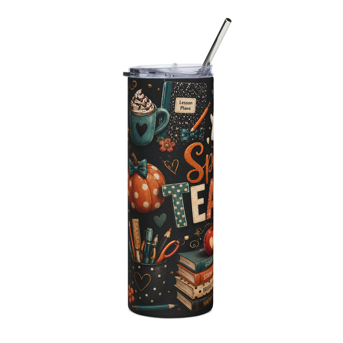 Tumbler with "Special Teacher" design featuring school supplies, a pumpkin, and books.