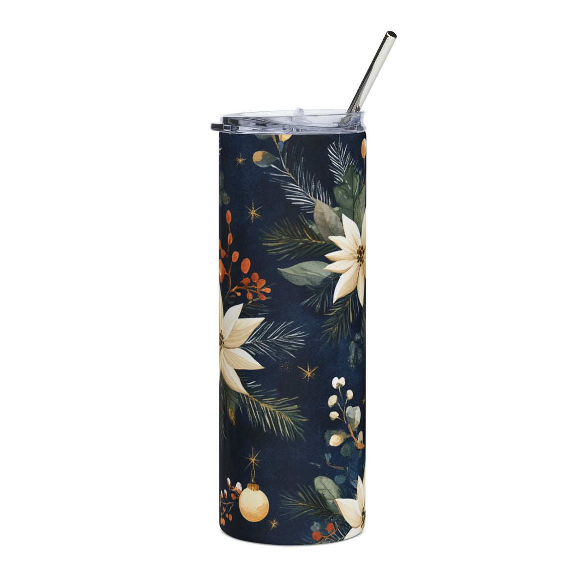 Dark blue tumbler with poinsettias, pine needles, berries, and ornaments.