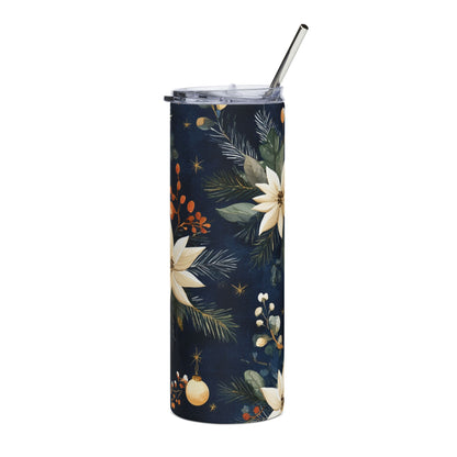 Dark blue tumbler with poinsettias, pine needles, berries, and ornaments.