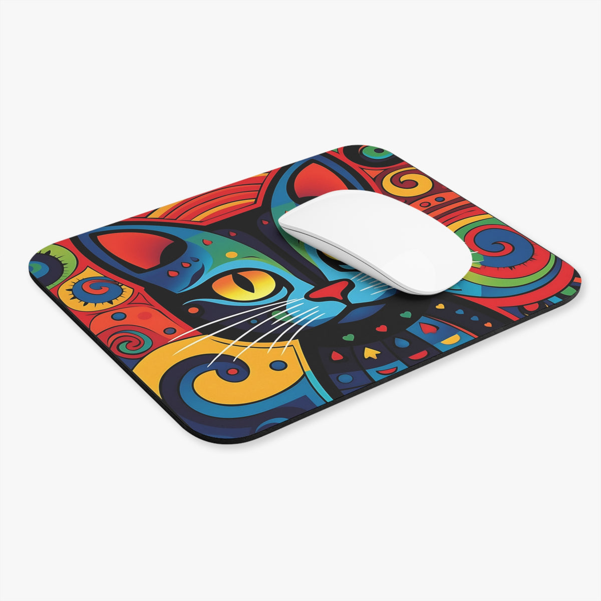 A rectangular mousepad featuring an abstract, colorful cat illustration with a white wireless computer mouse resting on top.