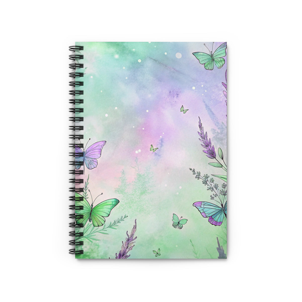 Spiral notebook with pastel watercolor background and scattered butterflies and lavender.