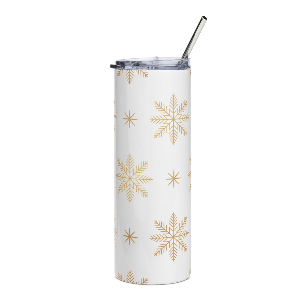 White tumbler with gold snowflake pattern and silver straw.