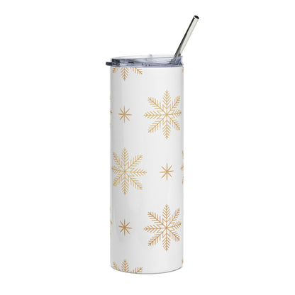 White tumbler with gold snowflake pattern and silver straw.
