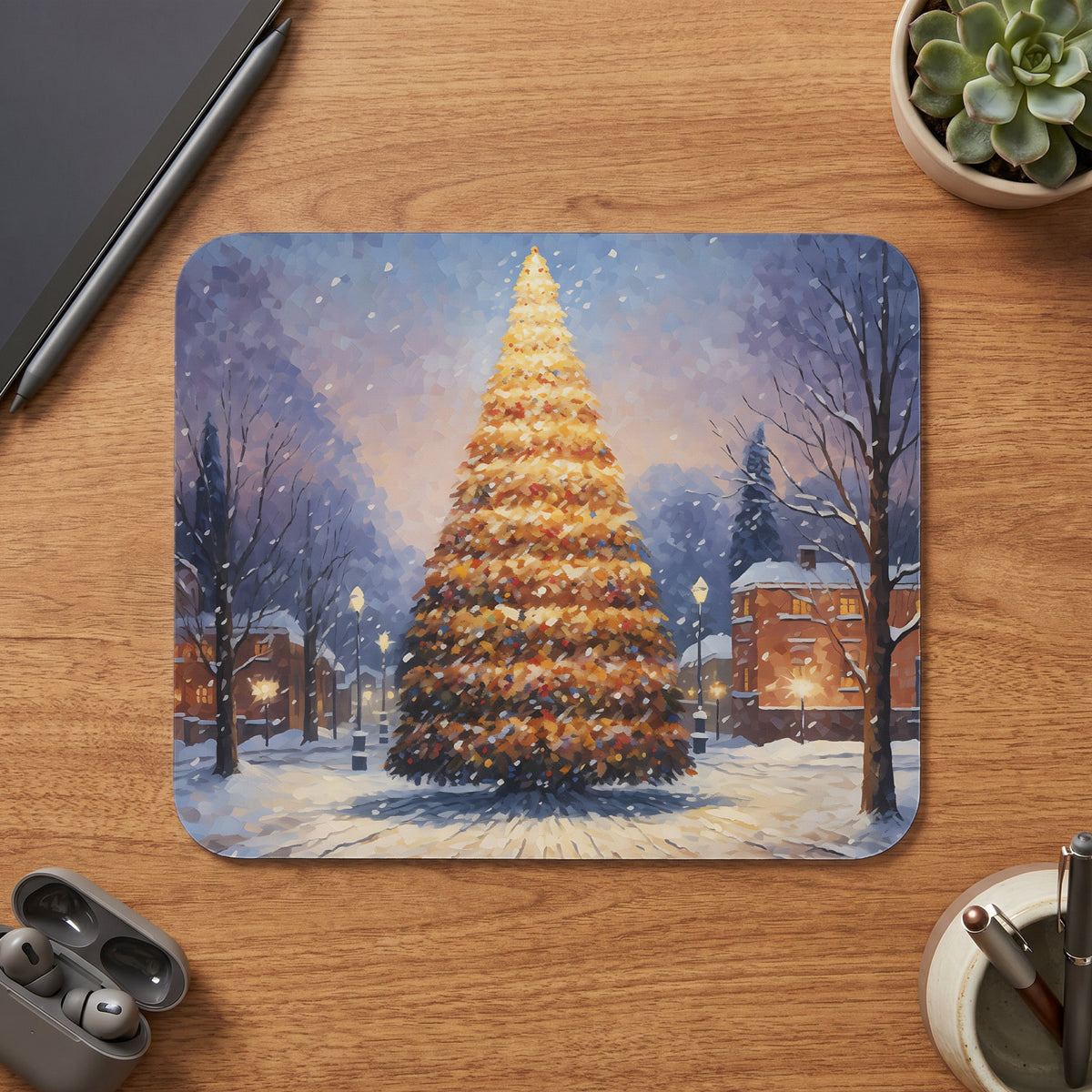 Illuminated Christmas tree in a snowy village square with buildings and streetlights.