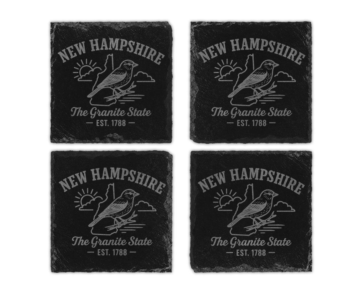 Four dark slate coasters, each with "New Hampshire The Granite State EST. 1788" design.