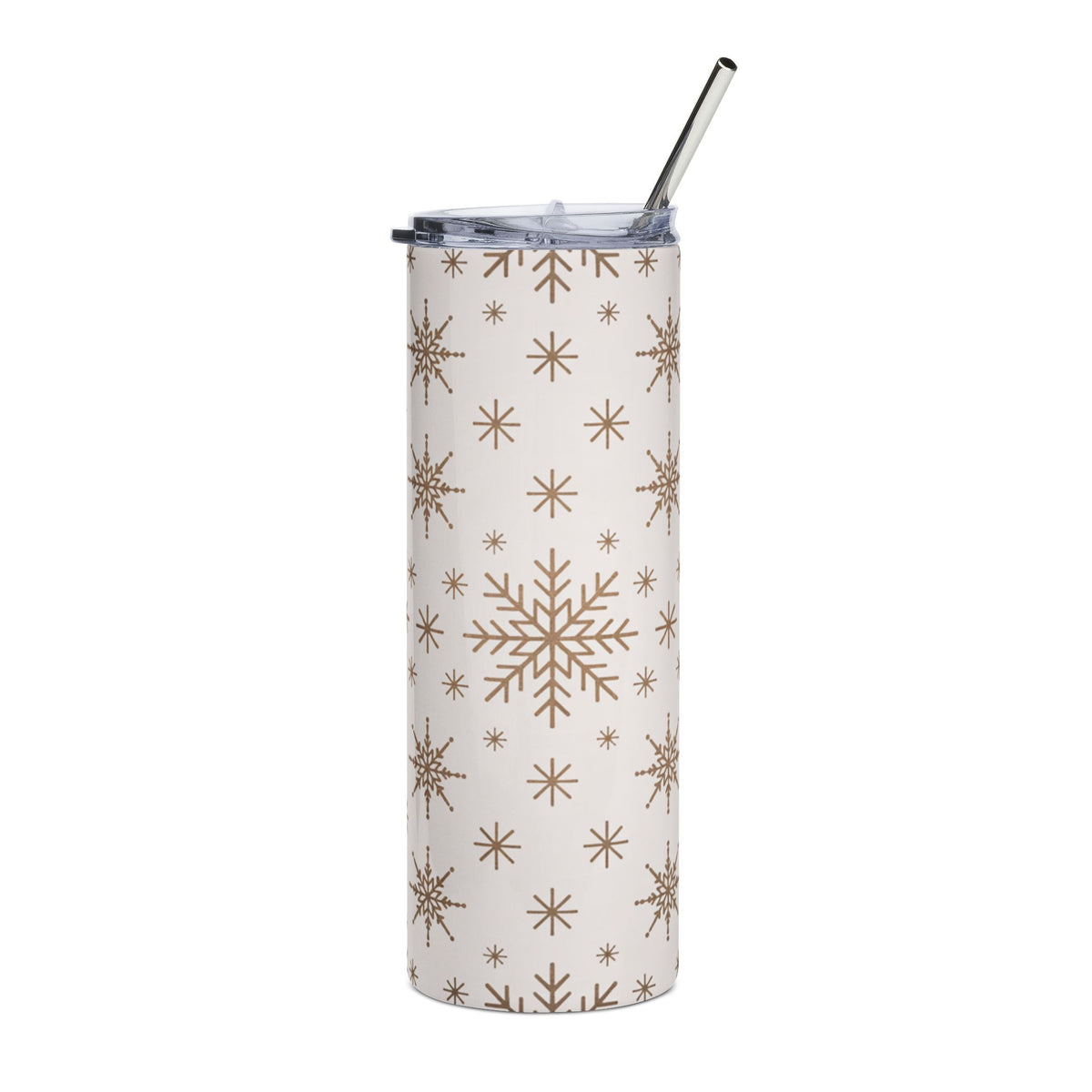 White tumbler with brown snowflake pattern and silver straw.