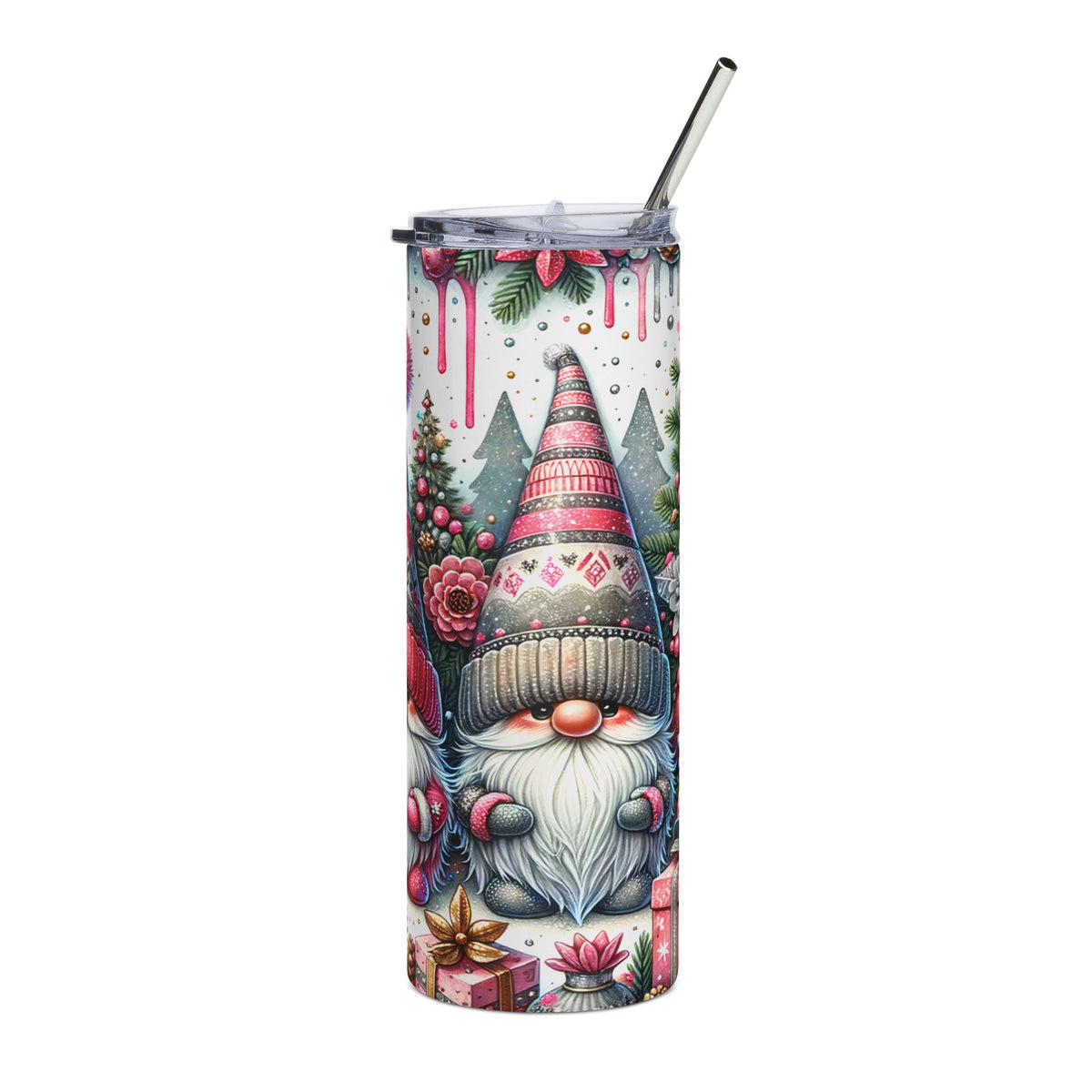 Tumbler with a festive gnome and Christmas tree design, featuring a metal straw.