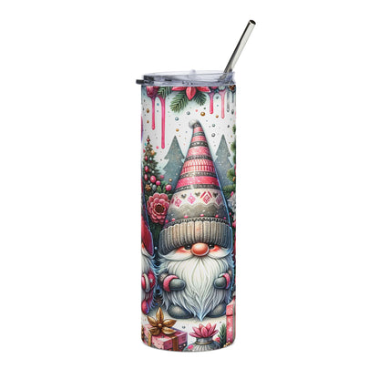 Tumbler with a festive gnome and Christmas tree design, featuring a metal straw.