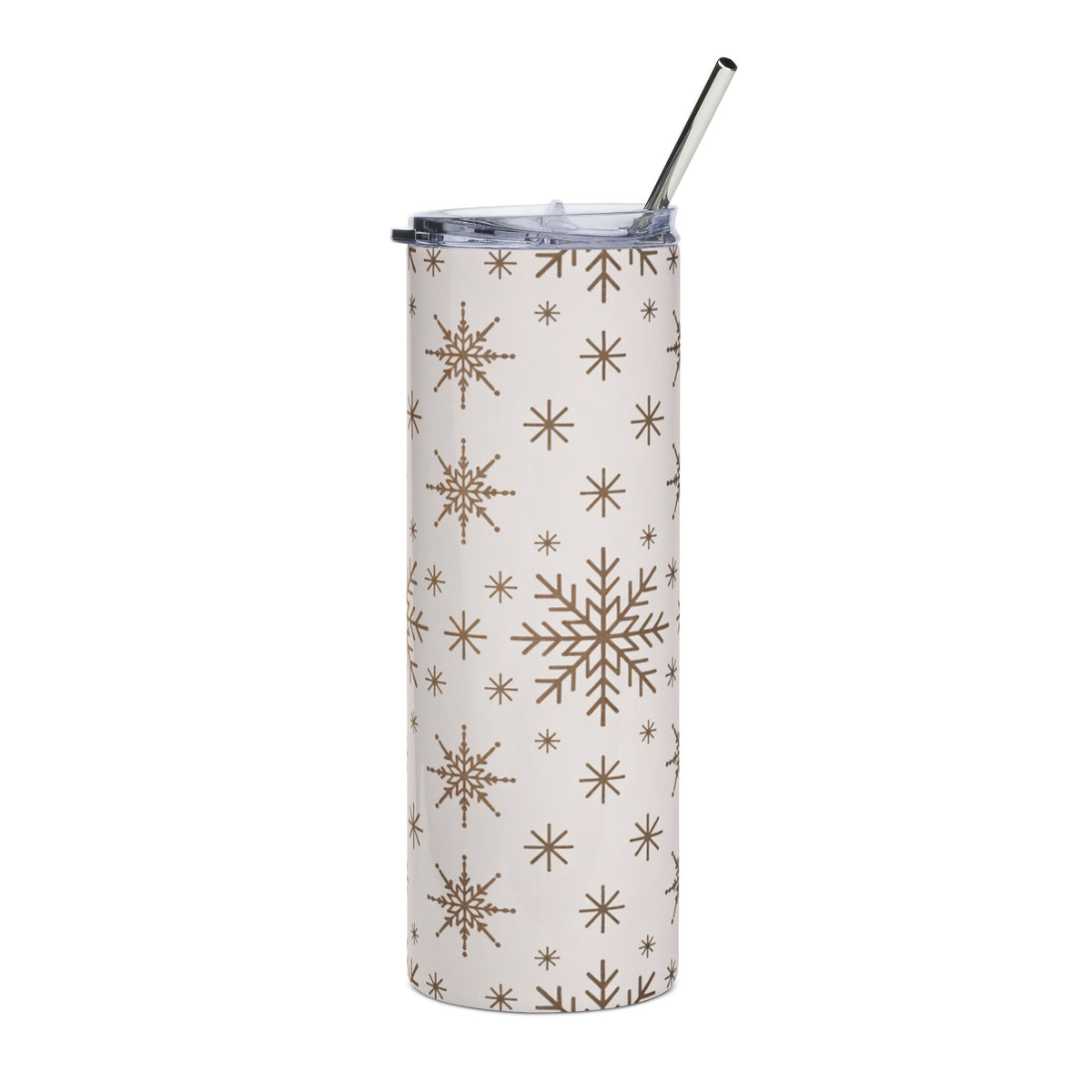 White tumbler with brown snowflake pattern and metal straw