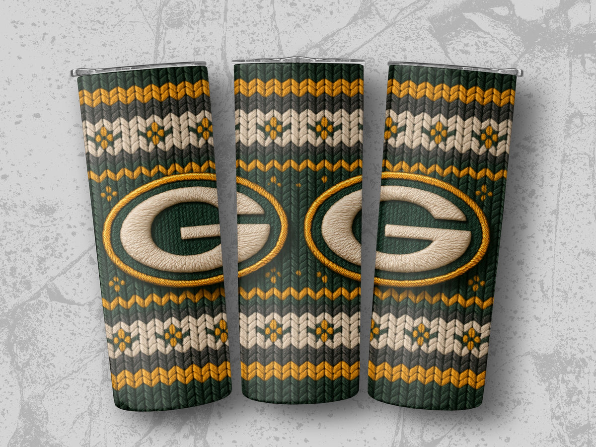 Green Bay Packers logo on a tumbler with a knit pattern.