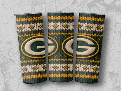 Green Bay Packers logo on a tumbler with a knit pattern.