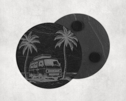 Engraved slate coaster with a camper van and palm trees at the beach.