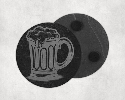 Slate coaster engraved with a beer mug and foam, with a second coaster behind.
