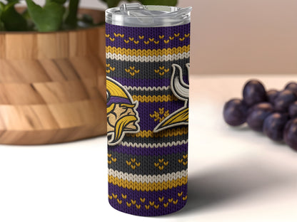 Minnesota Vikings themed tumbler with a purple, yellow, and gray knitted pattern.