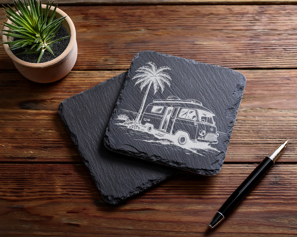 Slate coasters with etched vintage camper van and palm tree design.