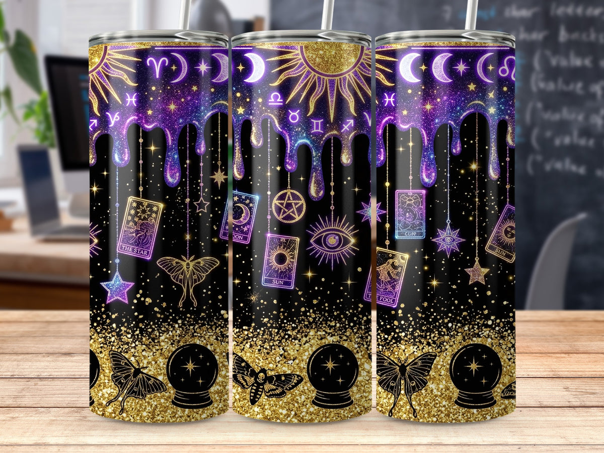 Celestial-themed tumbler with sun, moon, stars, tarot cards, eye, and moths.