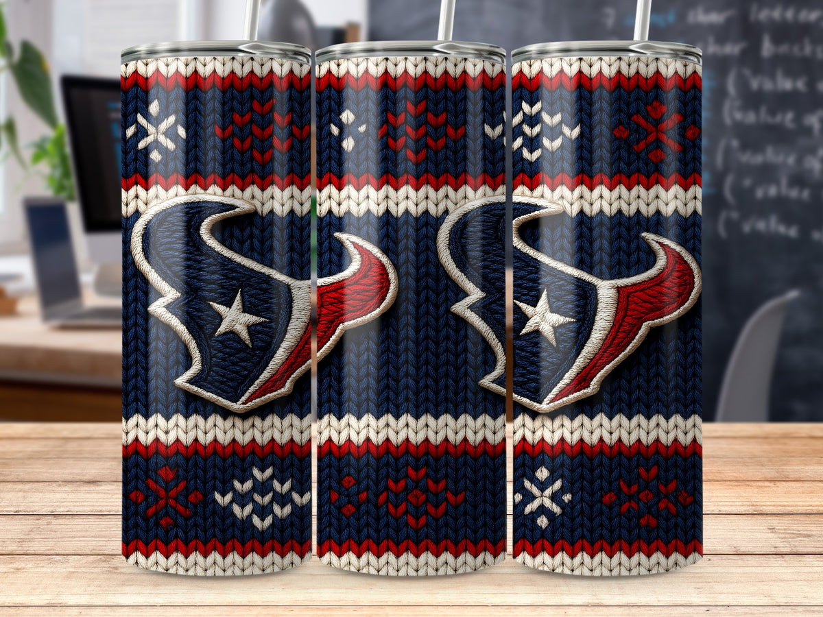 Houston Texans logo on navy blue knit pattern tumbler with red and white accents.