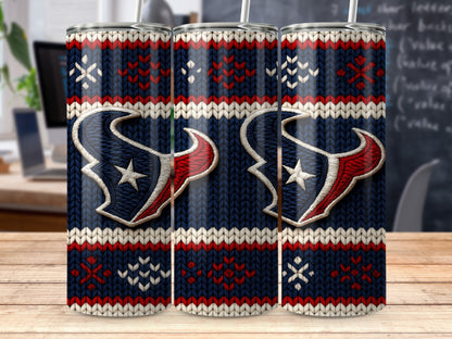 Houston Texans logo on navy blue knit pattern tumbler with red and white accents.