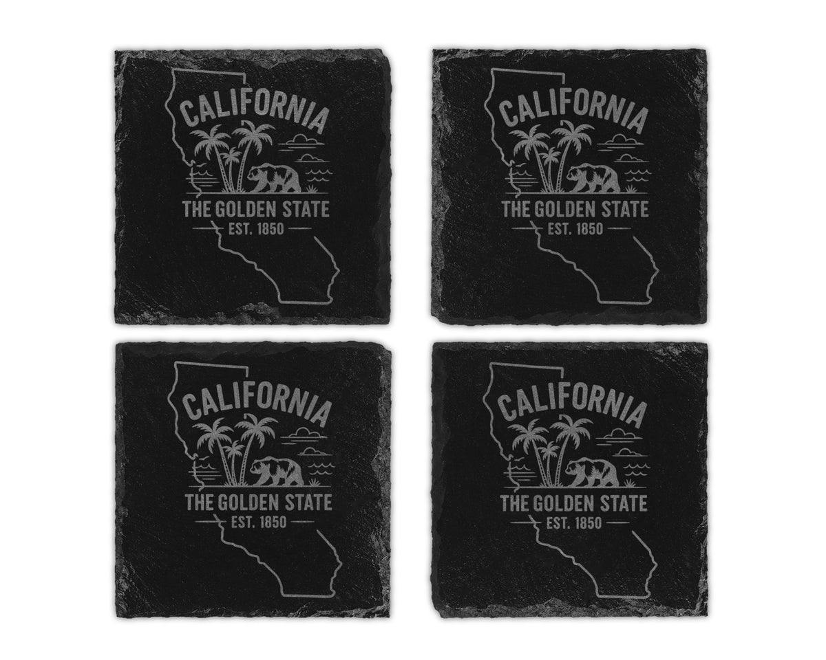 Four slate coasters featuring "California The Golden State Est. 1850" design.