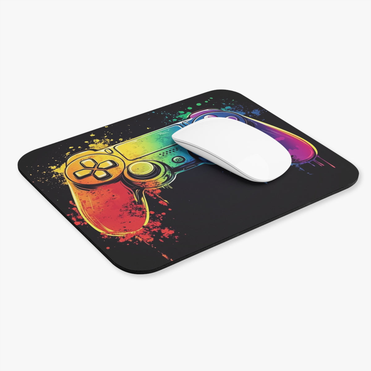 Black mousepad with a colorful abstract video game controller design.