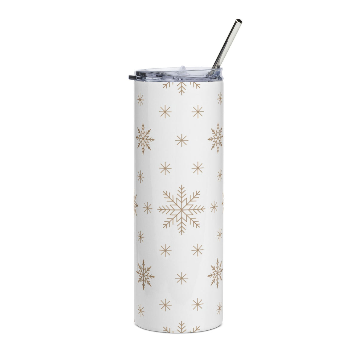 White tumbler with gold snowflake pattern and a metal straw.
