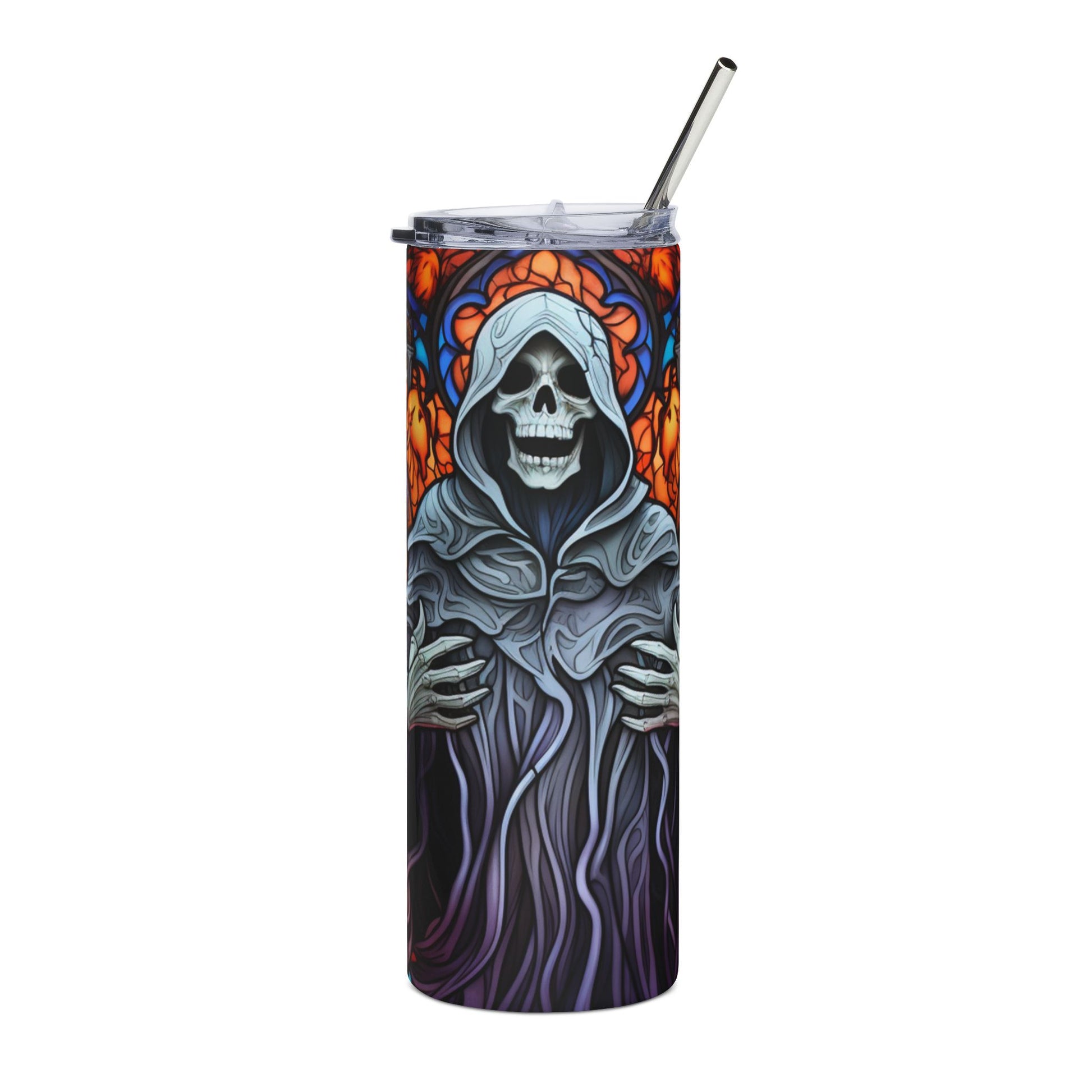 Grim Reaper with stained glass background on a tumbler with straw