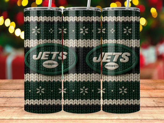 Three New York Jets tumblers with a knitted pattern and snowflakes.