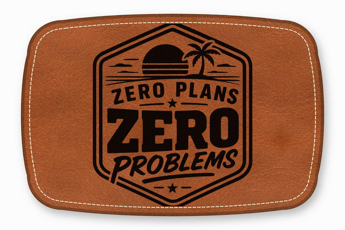 Brown leather patch with white stitching and a black stamped design featuring a sunset and text.