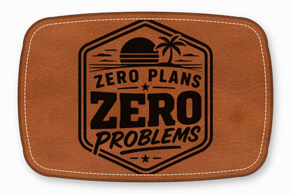 Brown leather patch with white stitching and a black stamped design featuring a sunset and text.