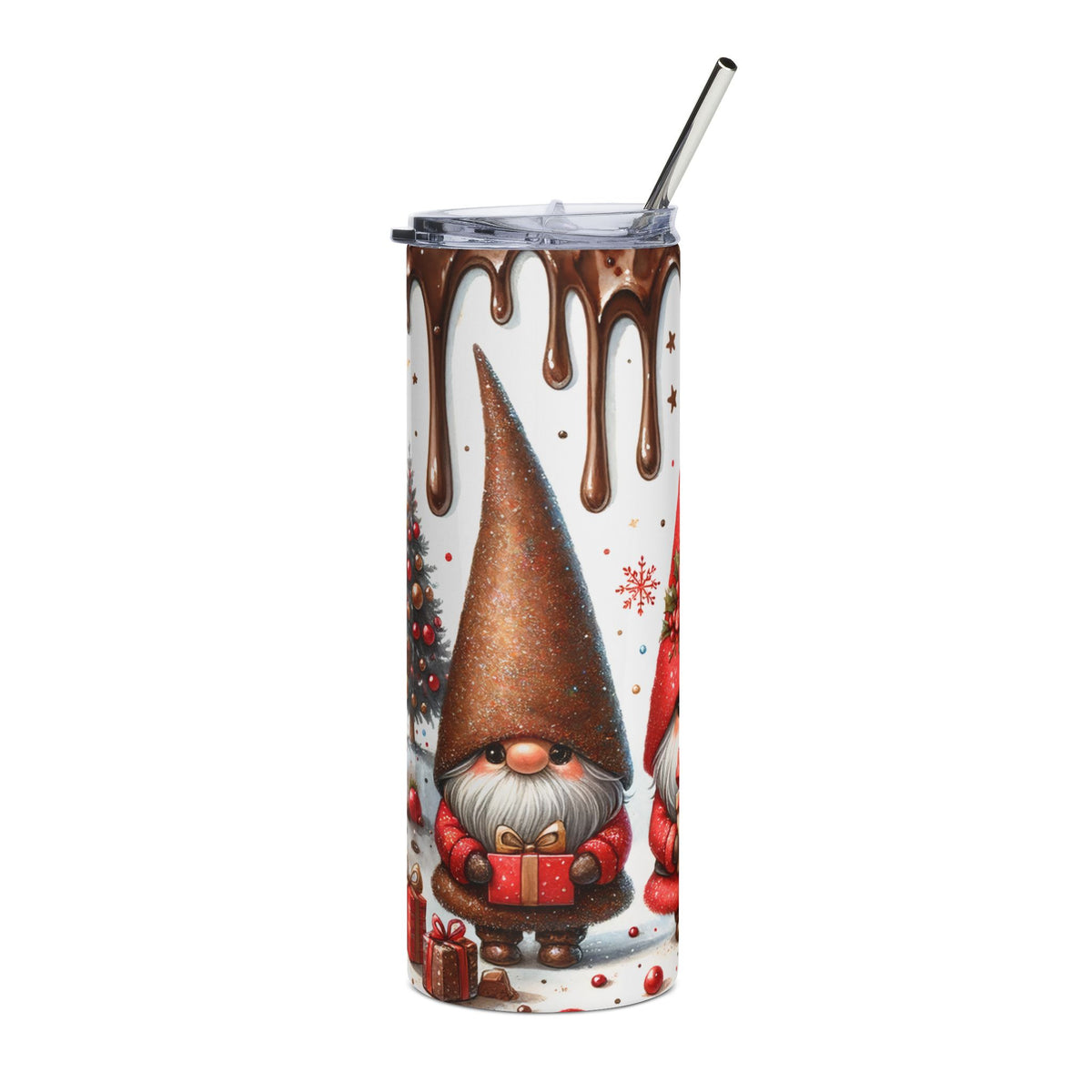 Tumbler with dripping chocolate and festive gnomes holding gifts.