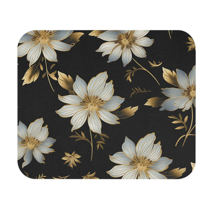 Black background with a repeating pattern of white and gold floral designs.