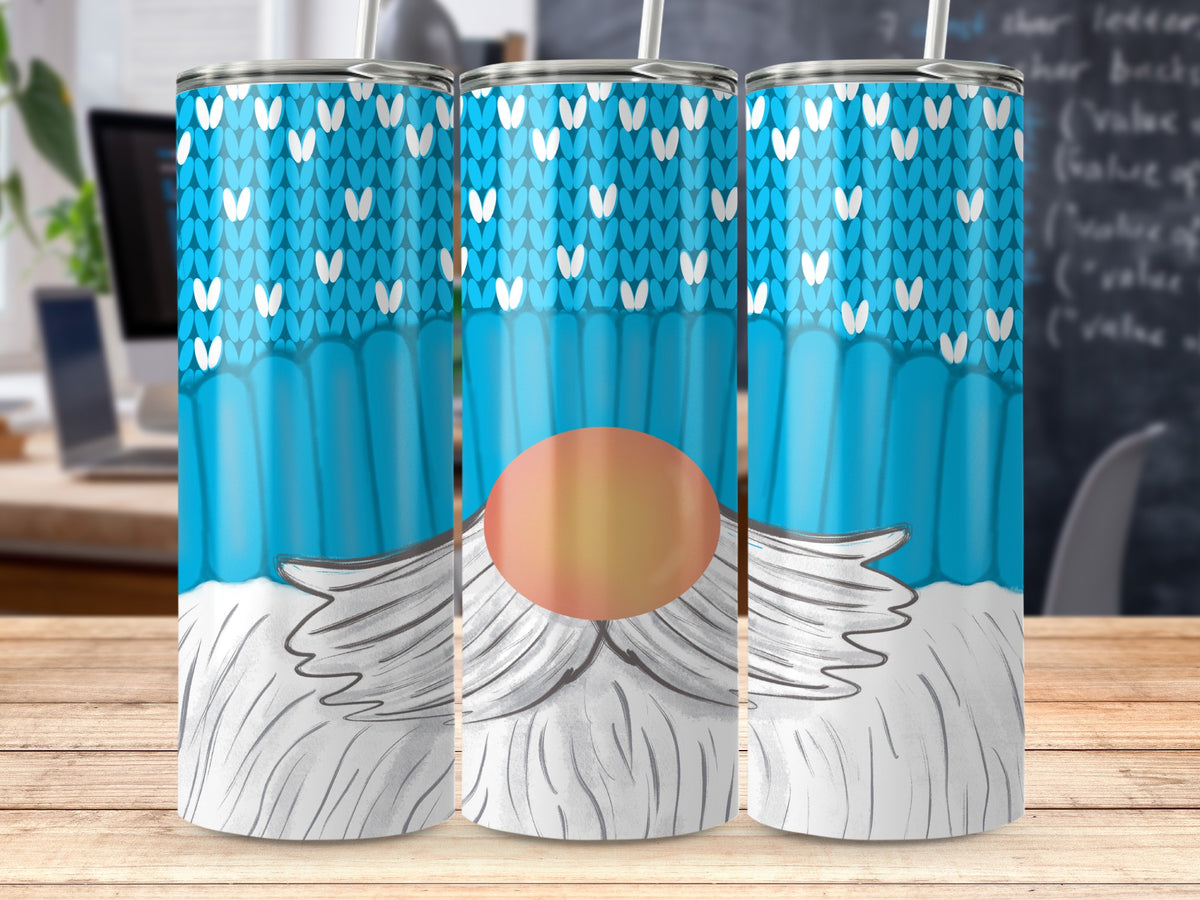 Three tumblers with a blue knitted pattern and gnome face.