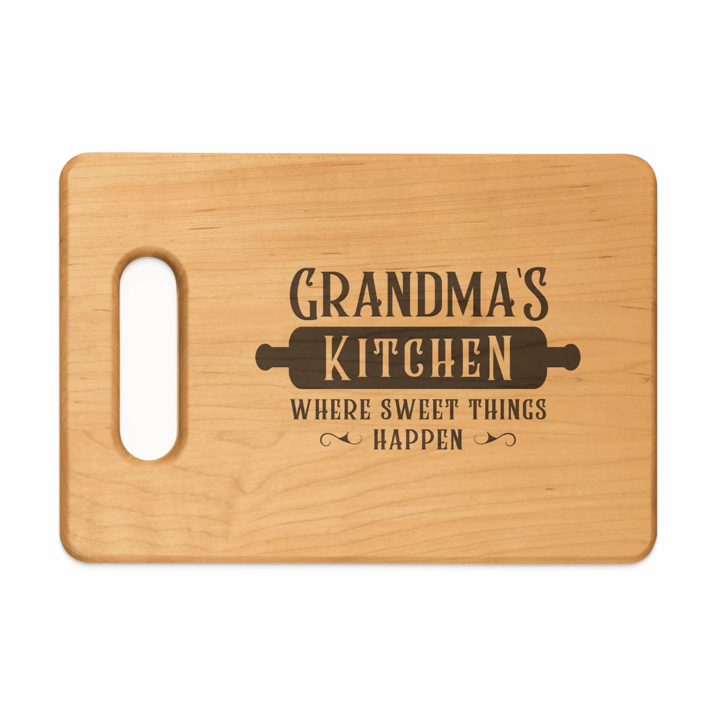 Wooden cutting board with "Grandma's Kitchen" and rolling pin engraving.