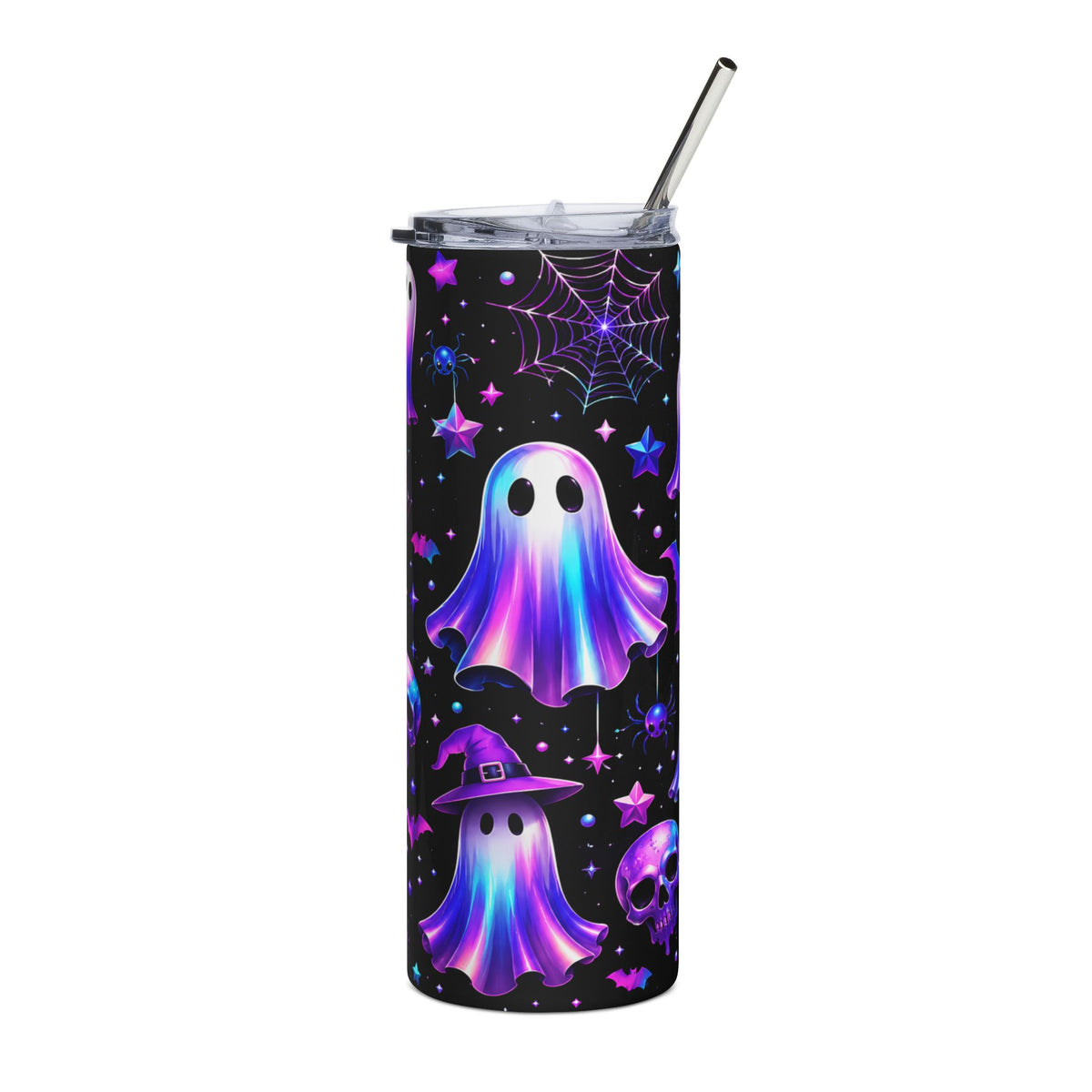 Black tumbler with purple and blue iridescent ghosts, spiders, bats, skulls, and stars.