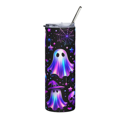 Black tumbler with purple and blue iridescent ghosts, spiders, bats, skulls, and stars.