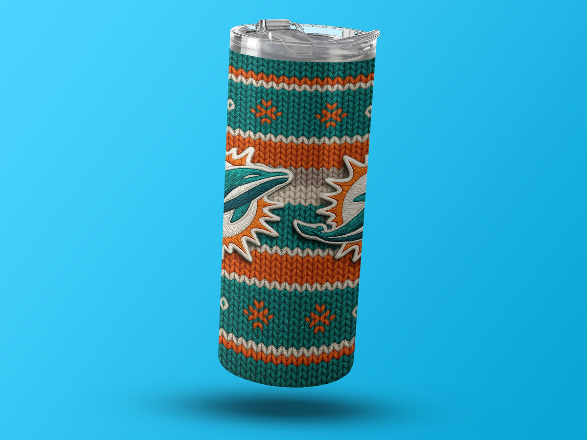 Miami Dolphins insulated tumbler with knit pattern and logos.