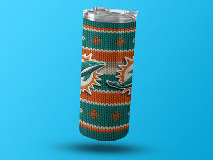 Miami Dolphins insulated tumbler with knit pattern and logos.